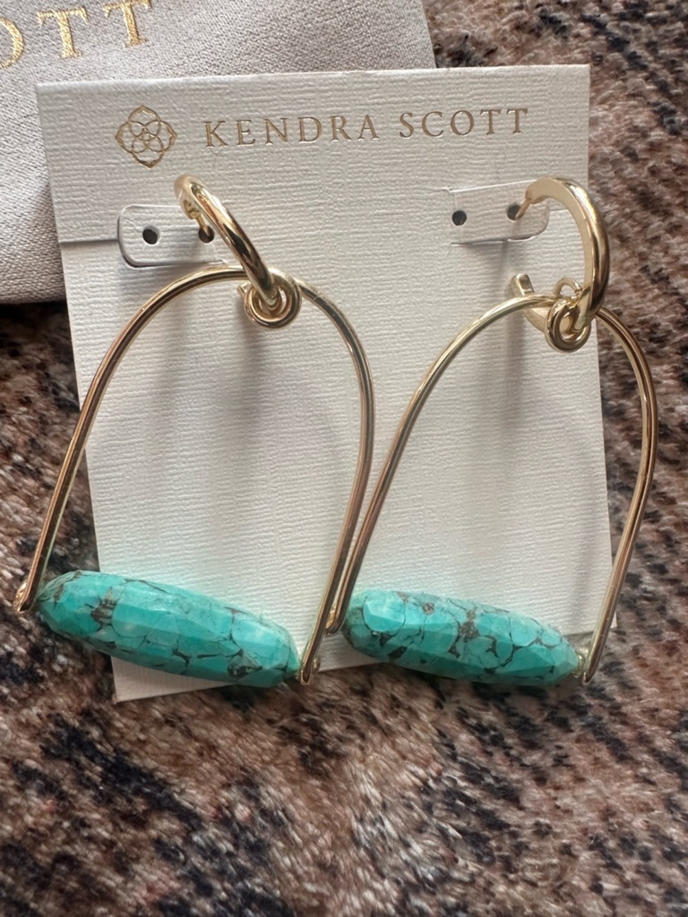 Kendra Scott Turquoise Marbled Stone Gold Arc Earrings - Picture 2 of 4